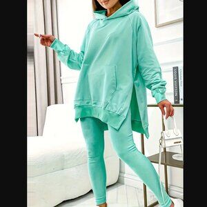Emerald Teal Two-piece Set, Split Long Sleeve Hooded Top & Leggings / Small